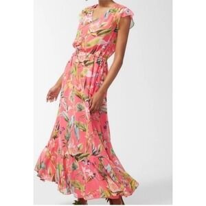 Chico's Bright Pink Chiffon Botanical Floral‎ Tiered Maxi Dress Sz 4 EUC